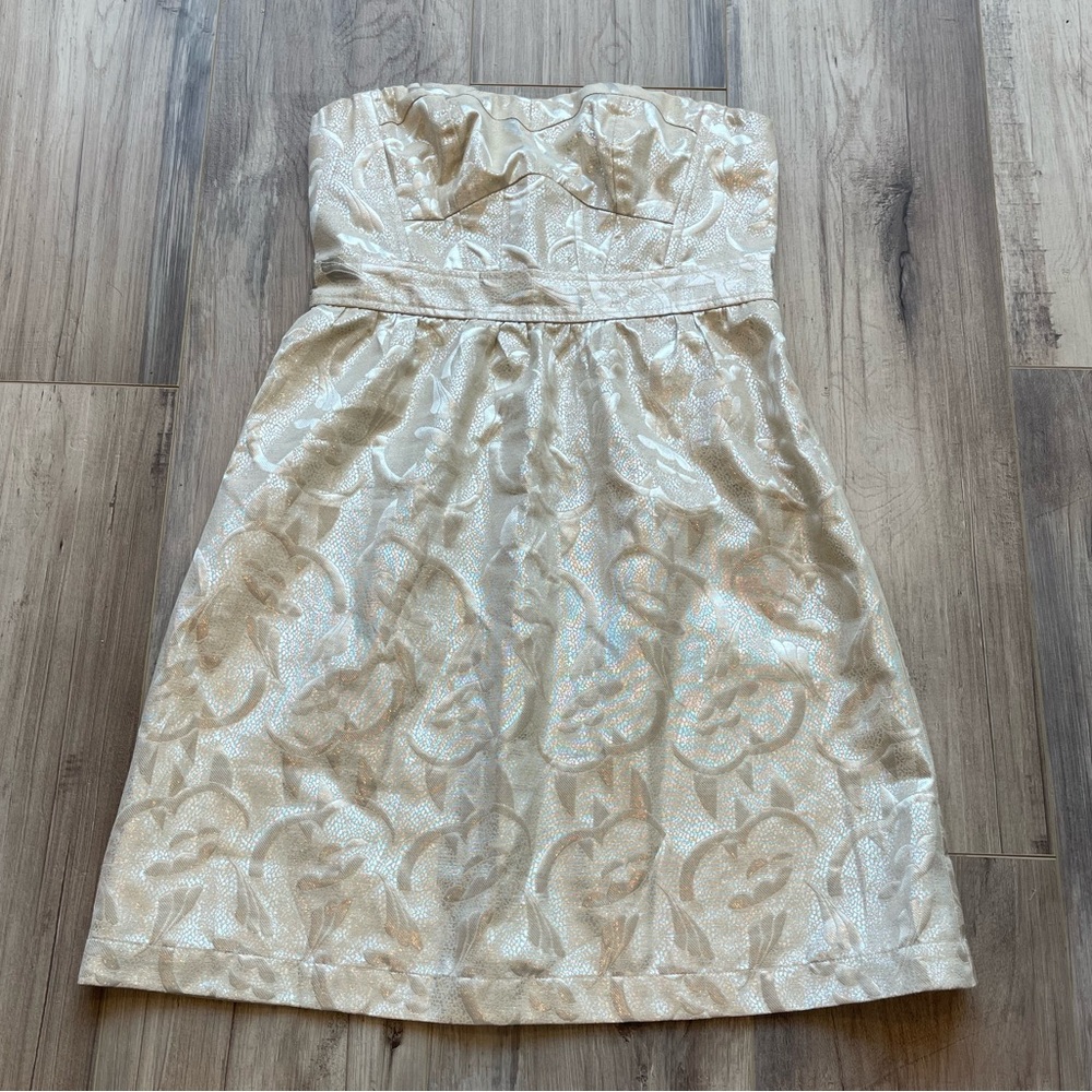 American Eagle Outfitters Strapless Cream Metallic Cocktail Dress